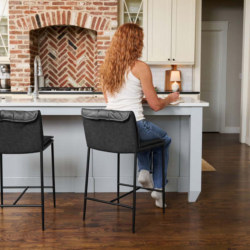 Maven Lane Gerard Stool with Faux Leather Upholstery, Charcoal Black Seat/Matte Black Frame, Counter Stool (25" Seat Height)