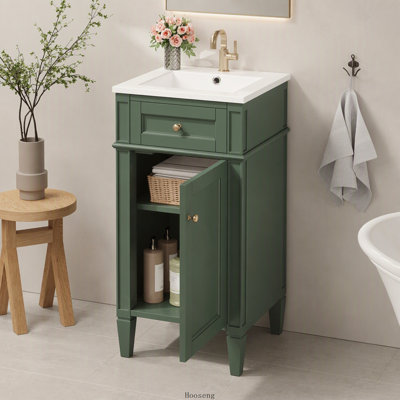 16-inch Bathroom Vanity with Ceramic Sink, Freestanding Single Vanity Set with Soft Closing Door, Adjustable Shelf, French Style, Solid Feet