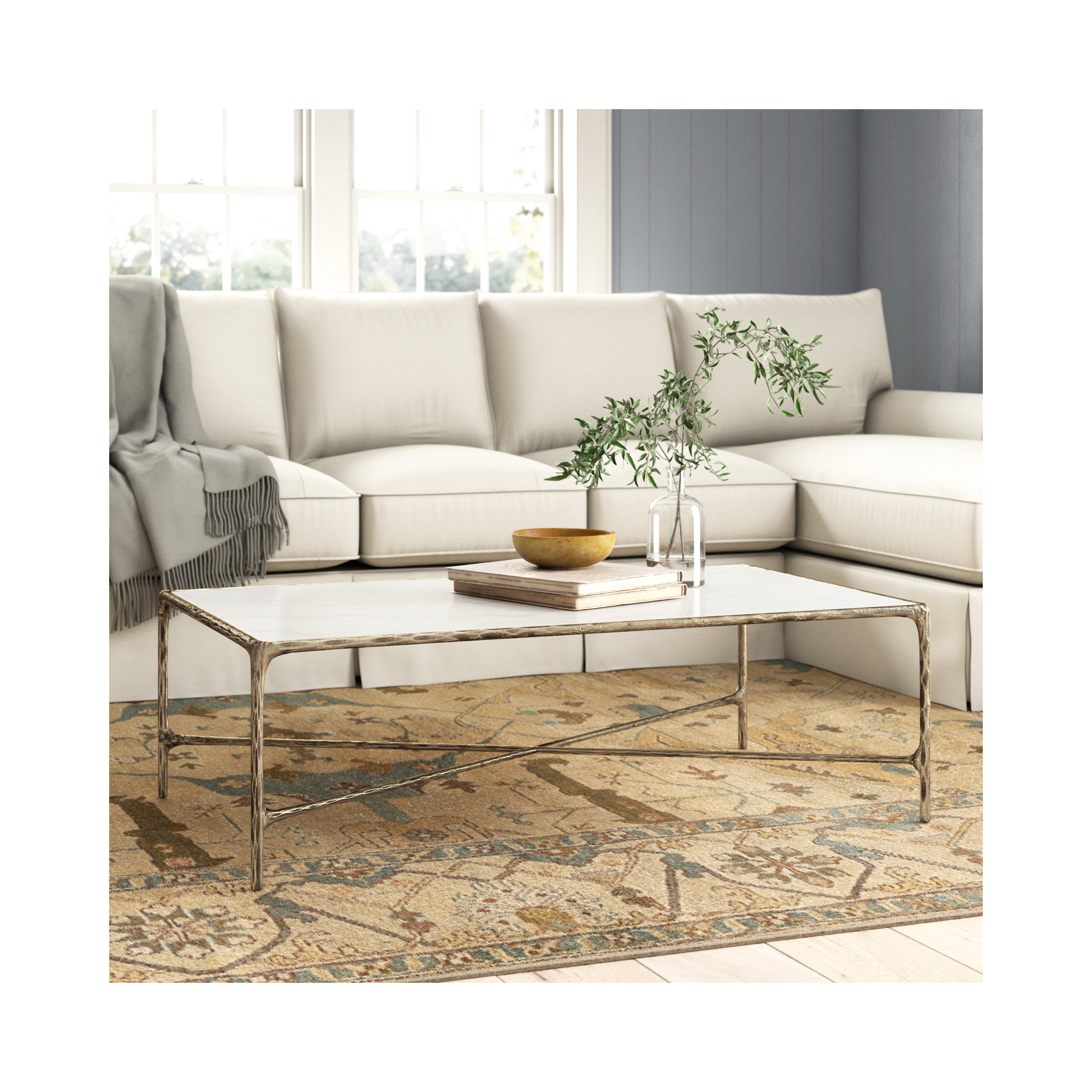 Evelynn Single Coffee Table, White Marble, Brass