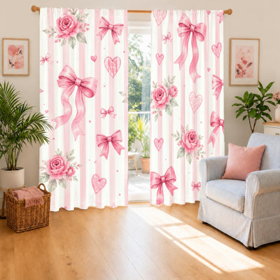 2 pièces de rideaux roses en forme de cœur rose, tissu filtrant la lumière, joli motif à rayures, parasol et protection de la vie privée, conception à passe-tringle, convient à la chambre à coucher, à la chambre des filles, à la décoration intérieure