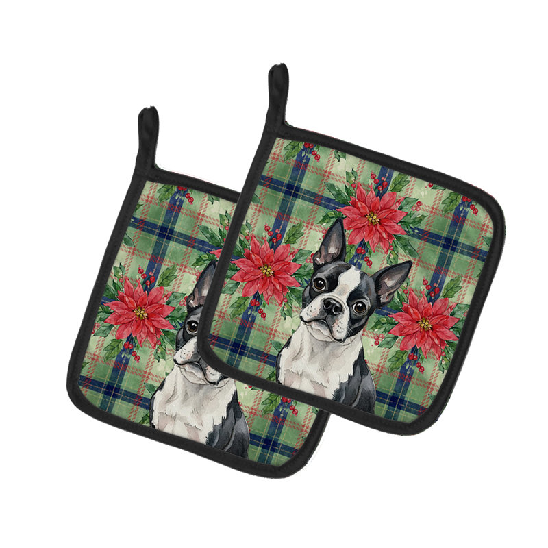 Paire de poignées Boston Terrier Christmas Poinsettas