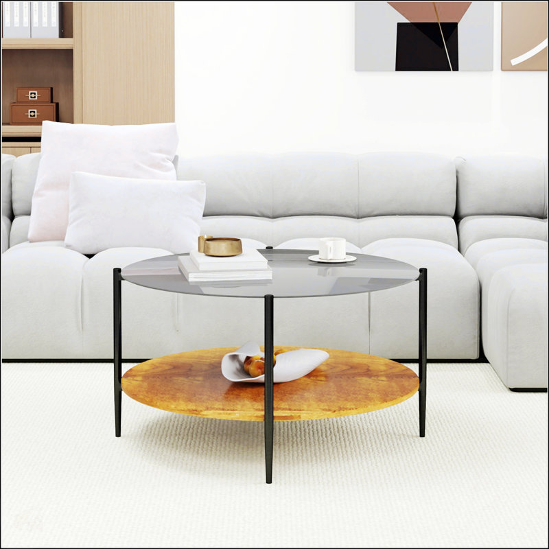 Table basse Mid-Century moderne avec plateau en verre et tablette de rangement en bois, structure en métal noir, conception ronde, peu encombrante, 32,28 pouces