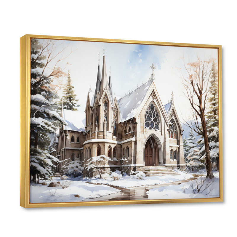 Chapelle de mariage blanche, aquarelle d'hiver rustique, H 12 po x l 20 po x P 1 po, Cadre flottant doré