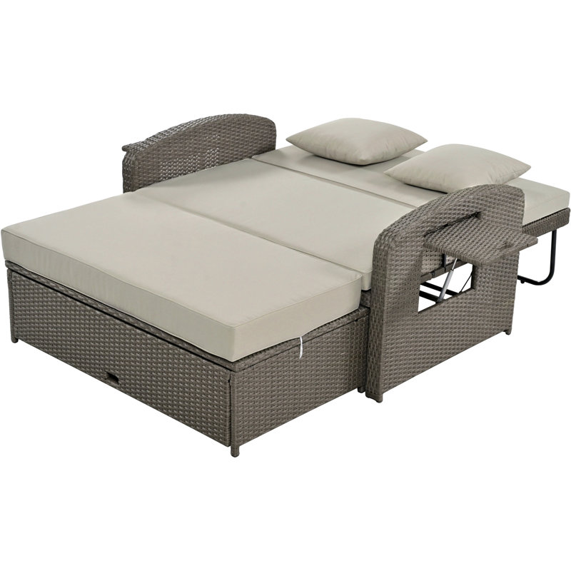 PE Wicker Rattan Double Chaise Lounge, 2-Person Reclining Daybed With Adjustable Back And Cushions, Free Furniture Protection Cover