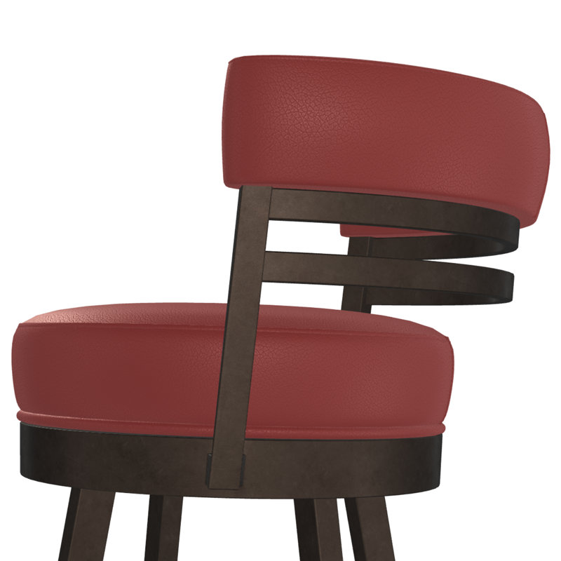 Aureliana Swivel Upholstered Counter Stool with Metal Frame, Counter Stool (26" Seat Height), Dark Brown, Faux Leather-Red