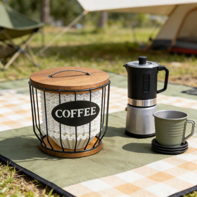 Large Capacity Coffee Pod Holder With Wooden Base And Lid, Rustic Wire Storage Basket Organizer For K-Cups, Capsules, And Coffee Filters, Kitchen Countertop And Coffee Bar Decor