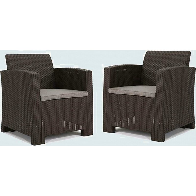 Ensemble de 2 fauteuils club d'extérieur en faux osier brun avec coussins imperméables beiges