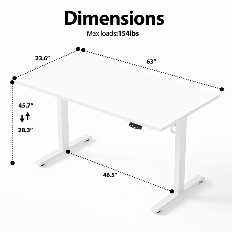 Bureau debout électrique à hauteur réglable de 63 po avec contrôleur de mémoire, Blanc, H 45,7 po x l 63 po x P 24 po