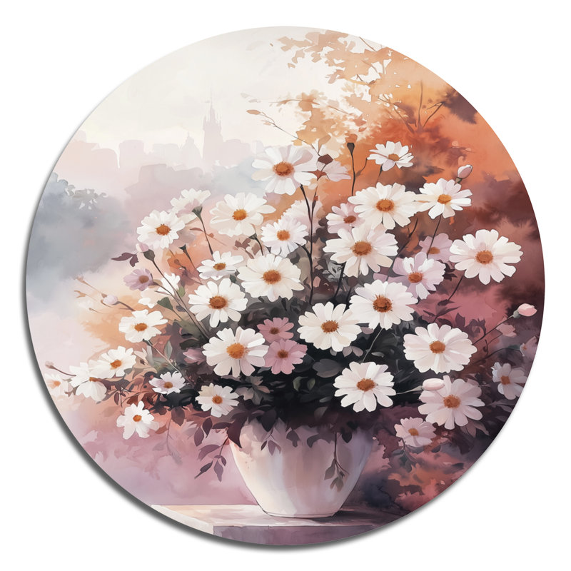 Souci blanc rose - impression d'art en métal blanc traditionnel, décoration murale ronde en métal souci, 16" H x 16" W