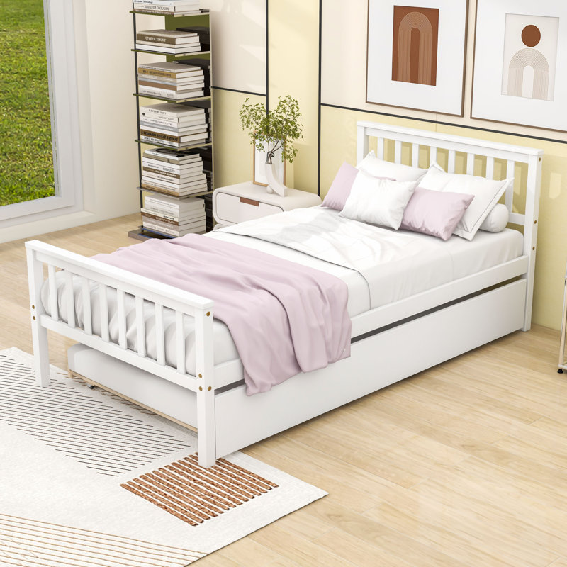 Lit plateforme simple en bois avec lit gigogne coulissant simple, tête et pied de lit, Blanc