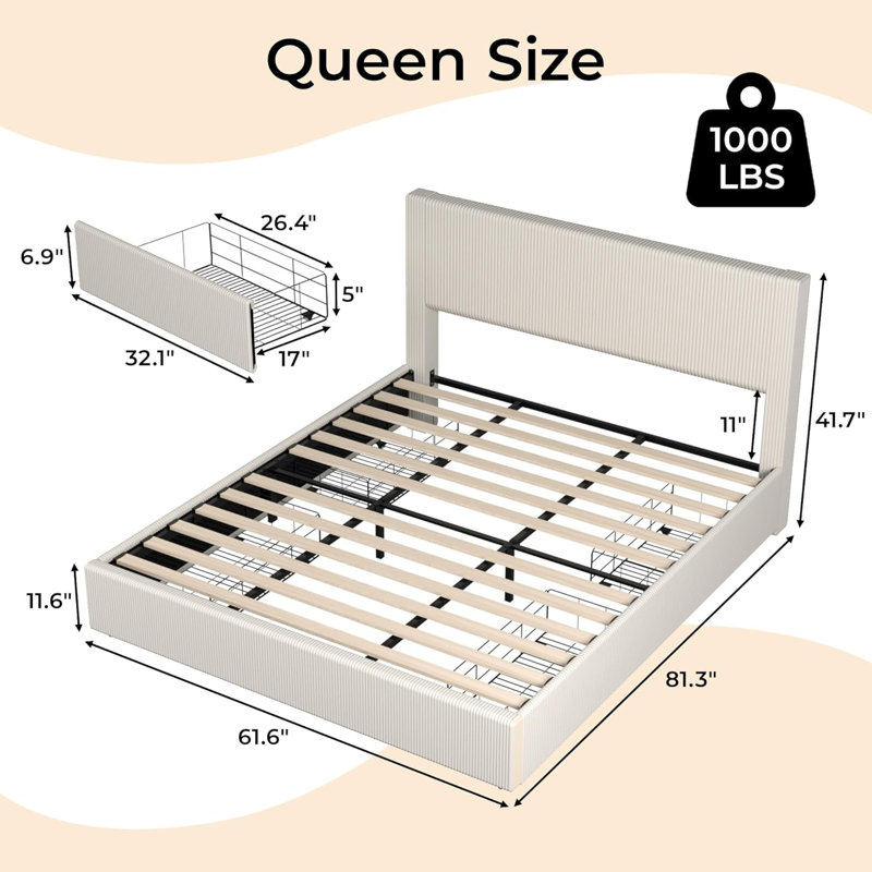 Bed Frame with Tufted Wingback Headboard, Platform Corduroy Upholstered Bed Frame with 4 Storage Drawers and Wooden Slats Support