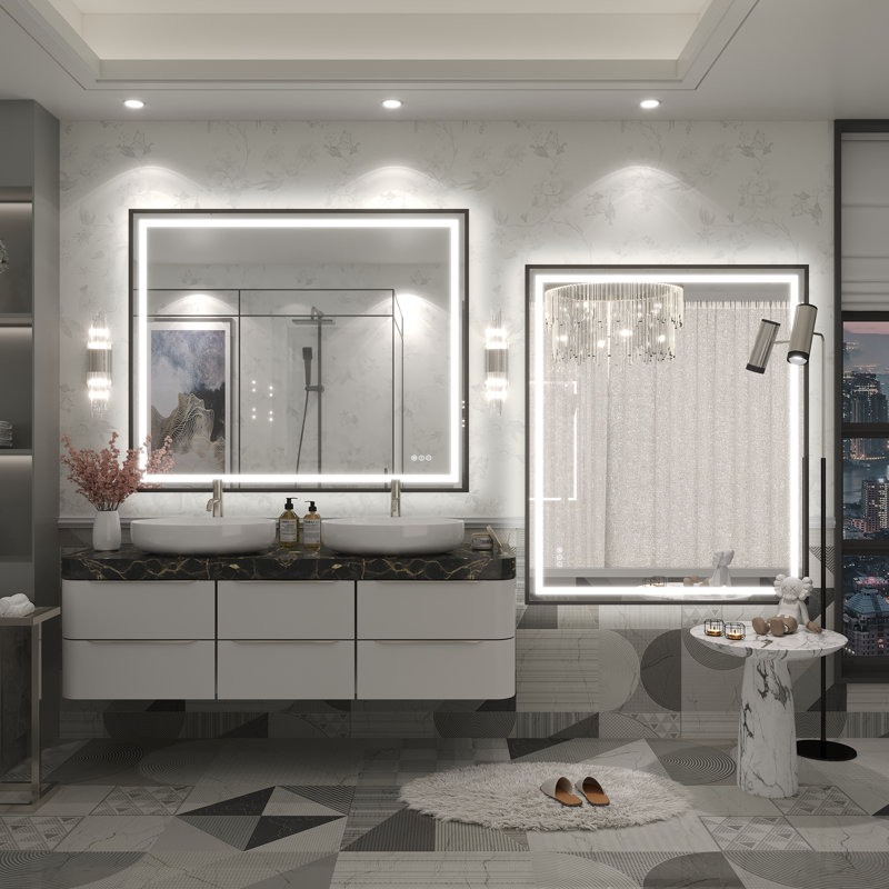 Molly Framelss or Framed LED Anti-Fog Tempered Glass Wall Bathroom Vanity Mirror - UL Certified, 48" x 40", Black