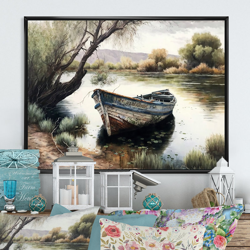 Bateau de pêche dans la rivière - Bateau, art mural, H 24 po x l 32 po x P 1 po, Cadre flottant noir