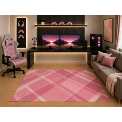 Tapis ultra-léger 152 x 213 cm à carreaux roses, motif géométrique moderne, idéal pour chambre d'ado, salle de jeux ou décoration contemporaine. Dos en silicone antidérapant, poils courts.