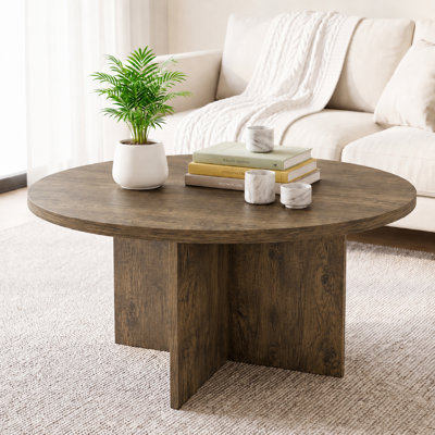 Heranda 35.4" Rustic Round Coffee Table Wooden Center Table with Cross‑shaped Base for Living Room