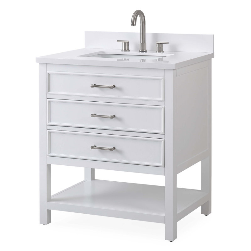 Ampelio 30'' Single Bathroom Vanity with Quartz Top, White, Brushed Nickel