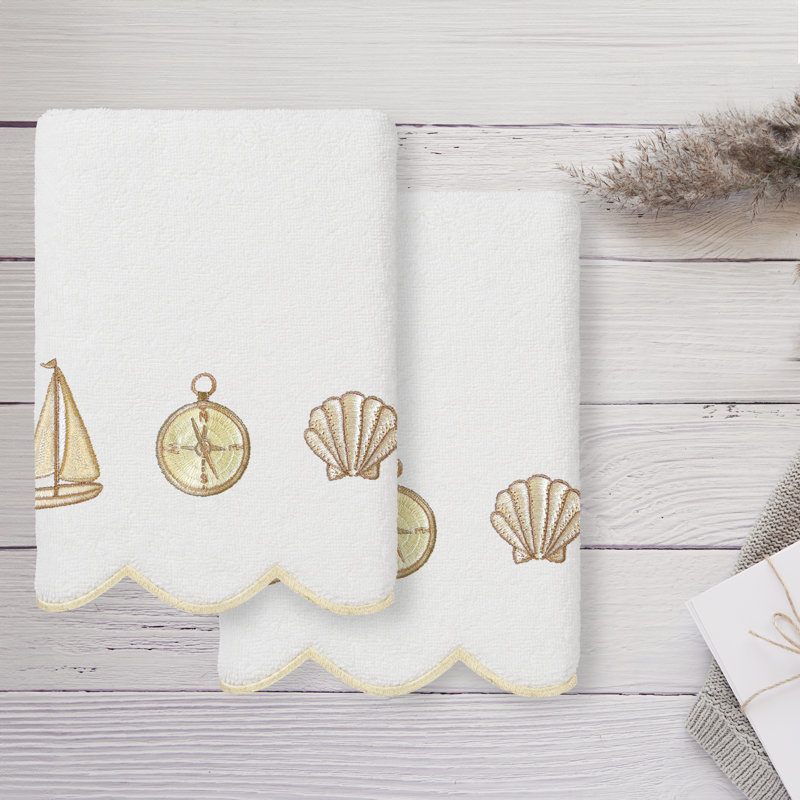  Ensemble de serviettes 100% coton turc SEA JOY, Blanc / beige, Serviettes pour les mains - Paquet de 2
