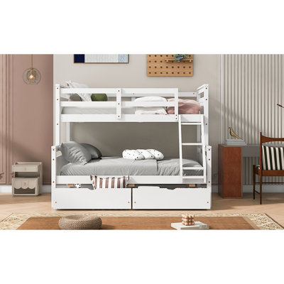 Lit simple superposé au dessus d'un lit double, blanc avec 2 mesures de rangement pour un sommeil stable et sécuritaire,