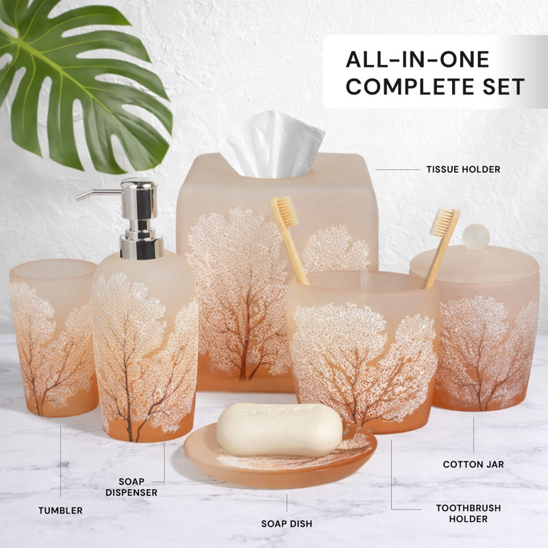 Bathroom Accessories Set - Modern Resin Bathroom Décor with Soap Dispenser, Toothbrush Holder, Tumbler & Tissue Box for Countertop and Bathroom Sets (6Pcs)