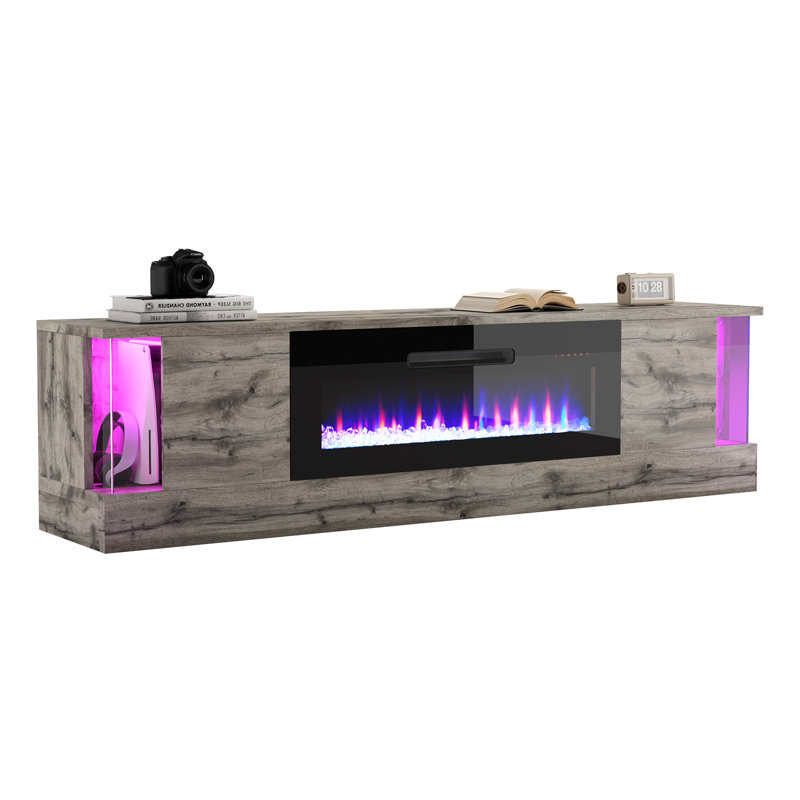 Fireplace Tv Stand With 36" Electric Fireplace, 70" Modern Wood Grain High-gloss Tv Cabinet For Living Room, Led Entertainment Center With Flip-down Doors For Tvs Up To 70"