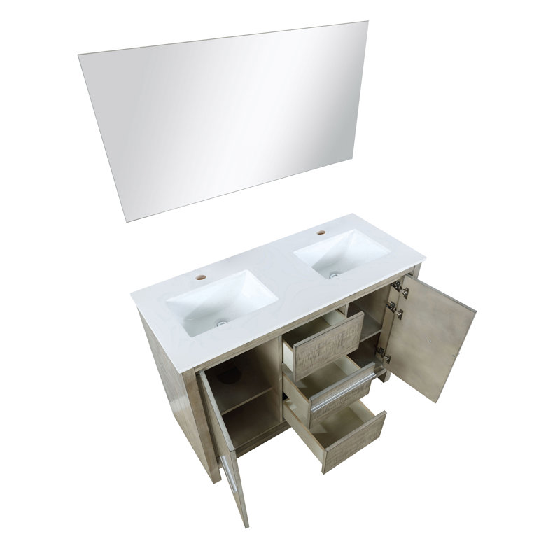Meuble-lavabo double en acacia rustique l 48 po x P 20 po avec plateau en quartz blanc et miroir 43 po Lafarre Lafarre, Blanc