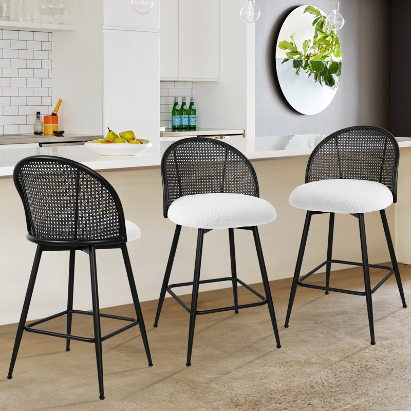 Ayiden Swivel Boucle Upholstered Counter & Bar Stool, White, Counter Stool (26" Seat Height), Black