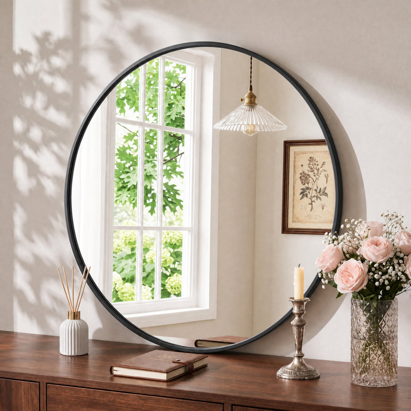 Metal Round Wall Mirror, Black, 20" x 20"