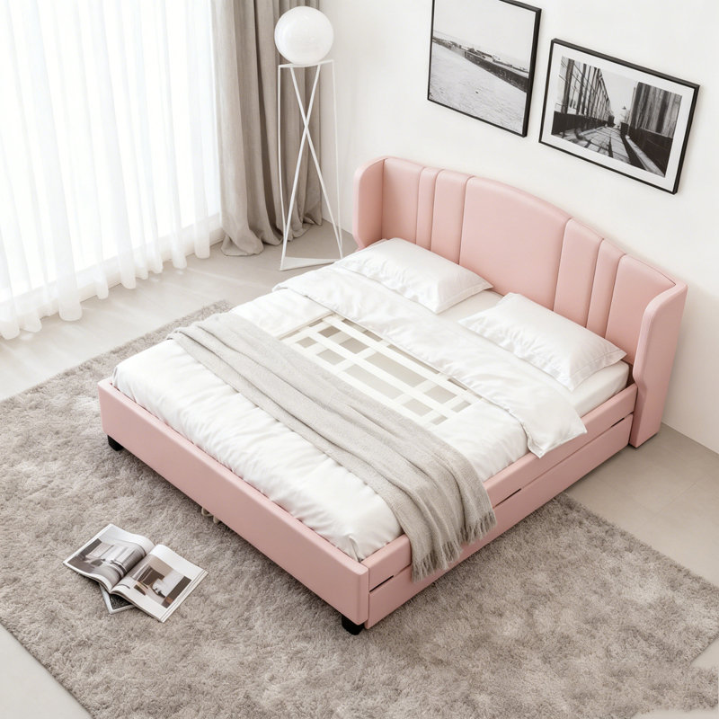Lit plateforme tapissier avec tête de lit à oreilles, un lit gigogne simple et 2 tiroirs, aucun sommier nécessaire, Rose