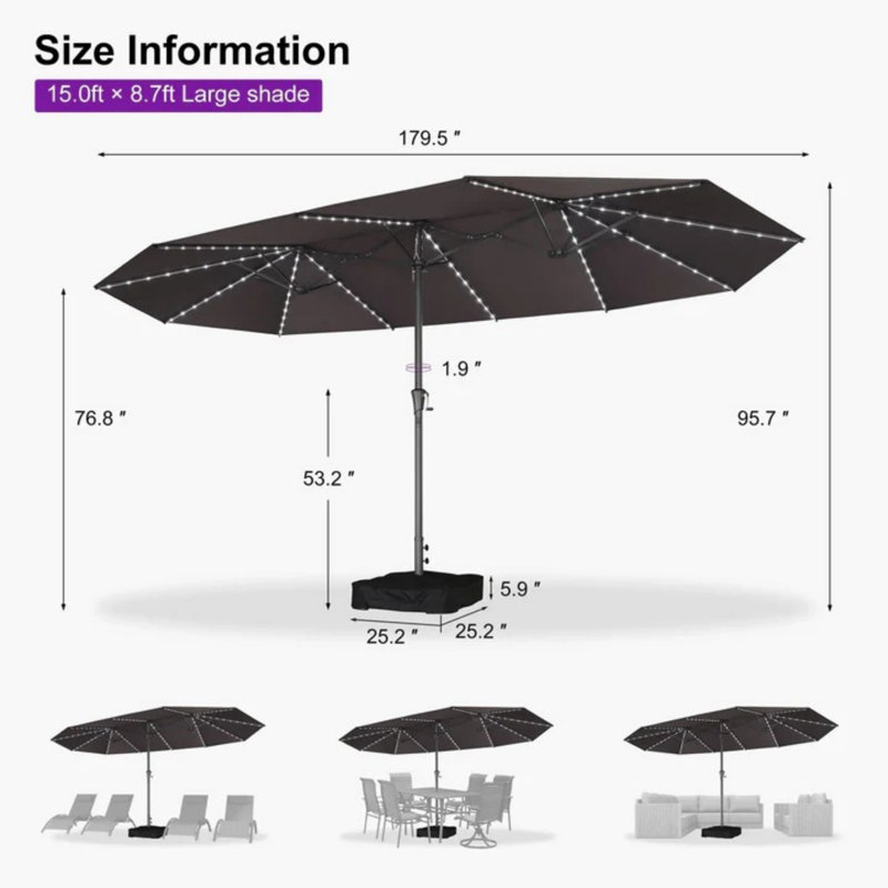Parasol de patio 15 pieds double face gris avec base et lumières solaires Parasol de marché extérieur avec manivelle Parasol rectangulaire pour terrasse de jardin
