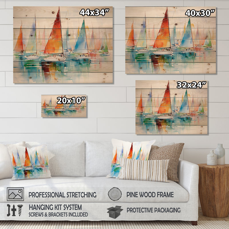 Calliphon Miminimlaism Watercolor Regatta I, impression sur bois naturel, H 24 po x l 32 po x P 0,78 po