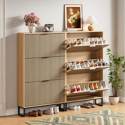 Armoire à chaussures 3 tiroirs Mid-Century moderne à 3 niveaux avec finition cannelée et porte-chaussures