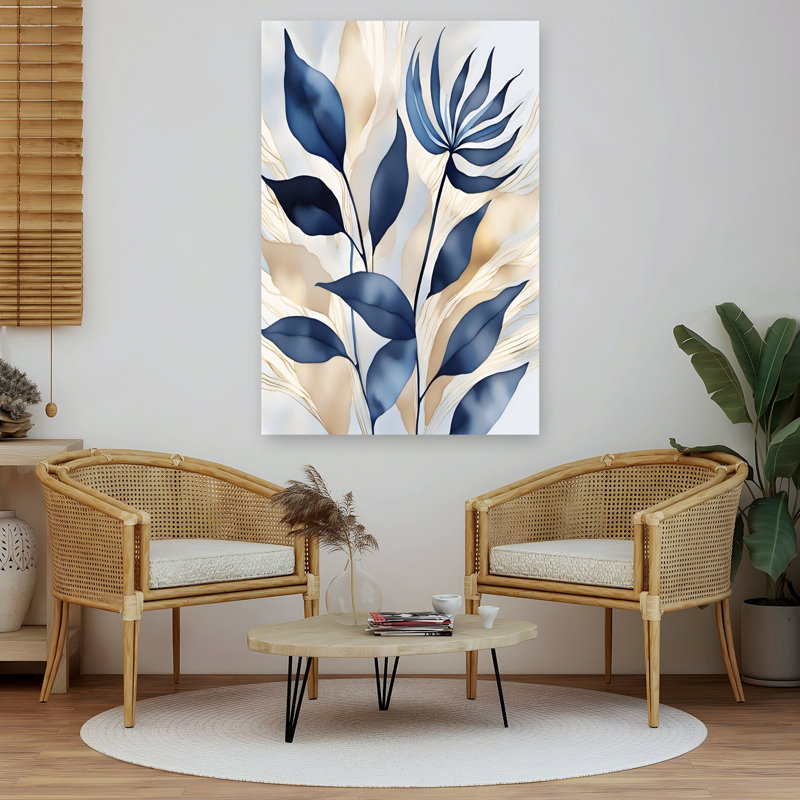 Élégante affiche murale abstraite minimaliste moderne représentant des plantes bleues dans un paysage naturel.