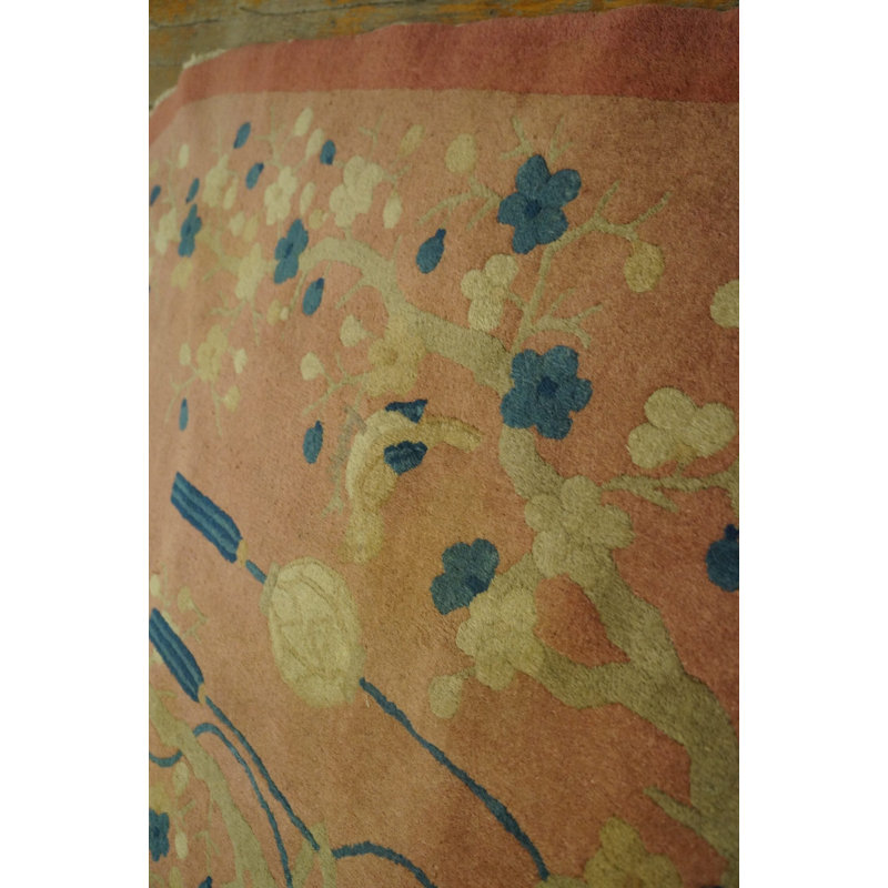 Antique Wool 1920s Oval Hand Knotted Pile Coral / Salmon Pink Rug