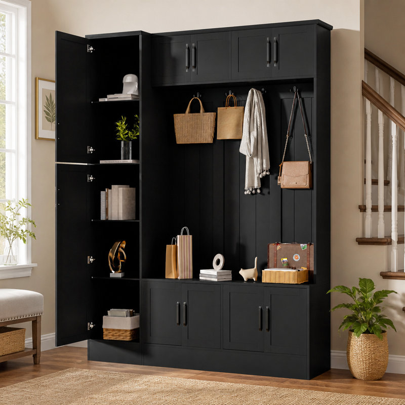 Hall Tree with Shoe Storage, 4 Coat Hooks and Adjustable Shelf