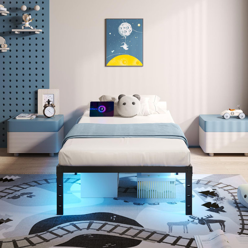 14 Inch Platform Bed Frame With Led Lights Charging Station Black Metal Mattress Foundation No Box Spring Needed Large Storage Space Anti-Noise