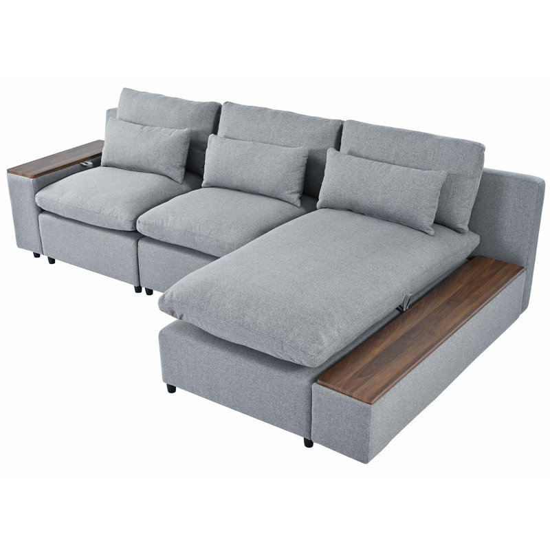 L-Shaped Modular Sectional Sofa With Removable Back Cushions, 3 Pillows And 2 Storage Spaces, Latoyo Gray Polyester