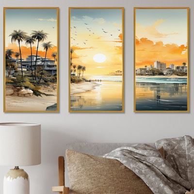 Paysage urbain côtier coucher de soleil - art mural coucher de soleil côtier