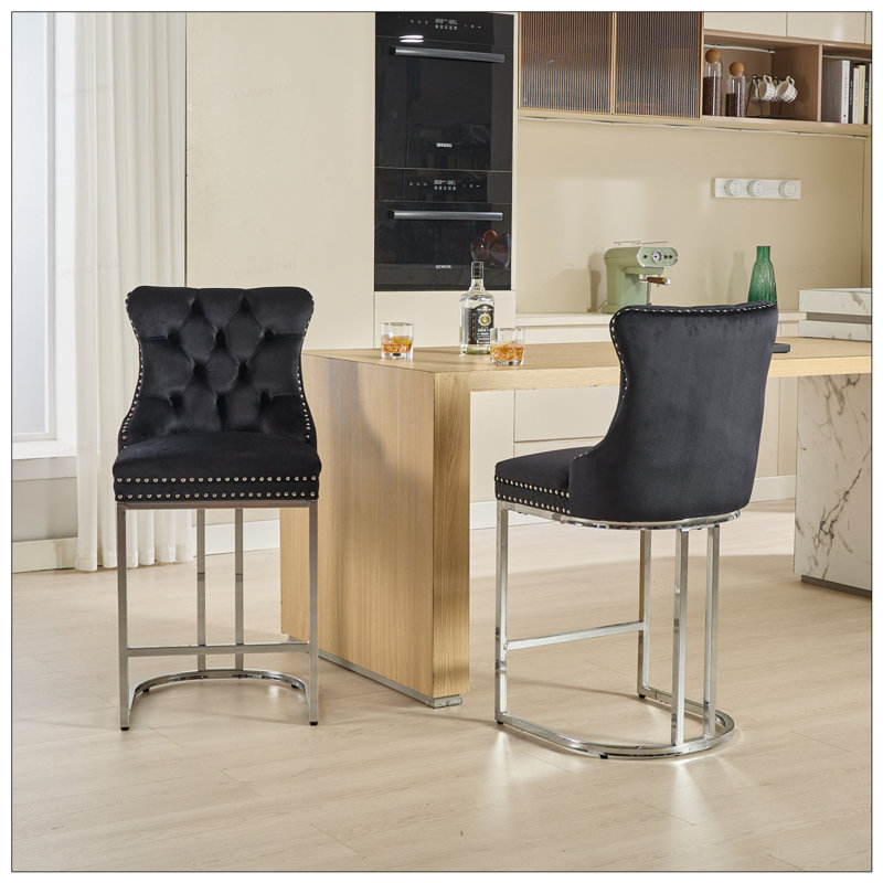 2PCS Counter Height Velvet Barstools With Button Back, Black