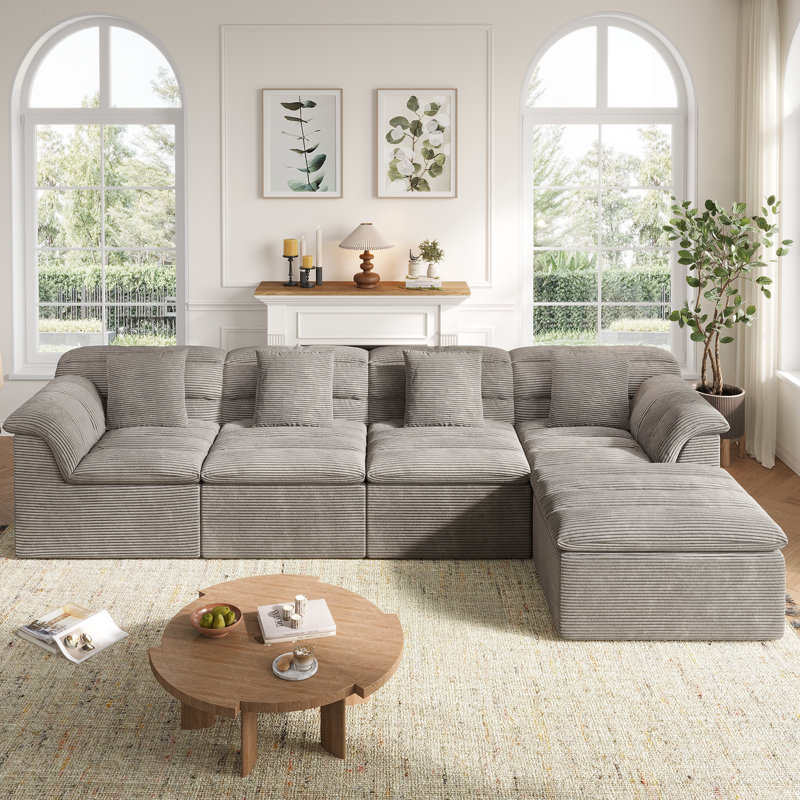 111.8" Modular Cloud Sofa with Ottoman, Boneless L-Shape Couch, Comfy Corduroy Couches for Living Room, Light Gray
