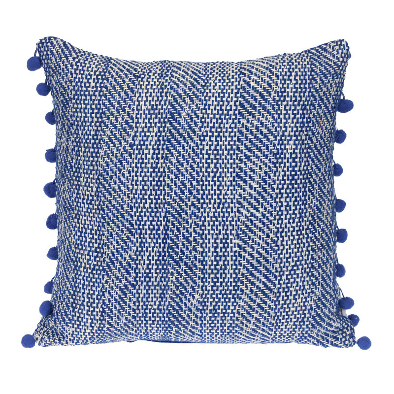 Coussin 18 "en coton tissé bleu et blanc avec pompons