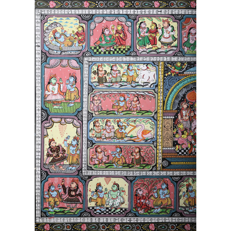 Krishna Leela Pattachitra Painting on Cloth, 24x40 Inch Odisha Folk Art Wall Decor by Purna Chandra