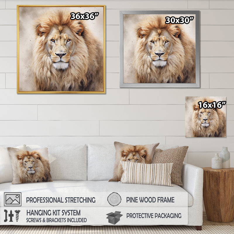 Fierce Lion II - Lion, art mural, H 24 po x l 24 po x P 1 po, Cadre flottant doré