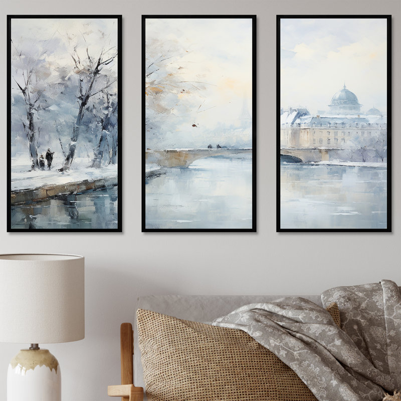 Hiver Paris, Tour Eiffel, ville, charme V - Art mural de Paris, Cadre flottant noir, H 32 po x l 48 po x P 1 po