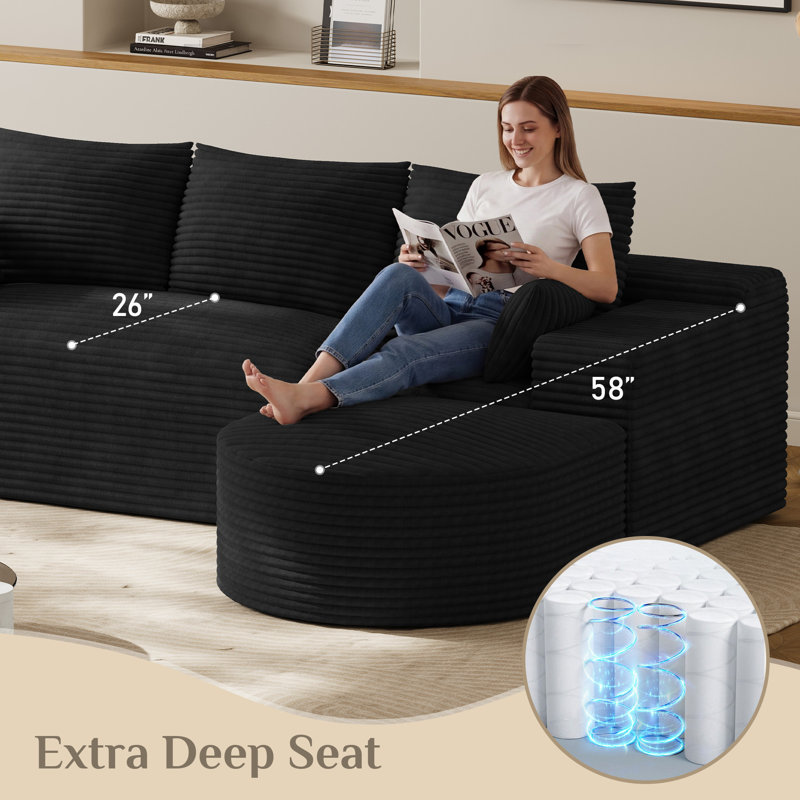Canapé modulaire en L avec repose-pieds incurvé en forme de L, L-Shaped, Black