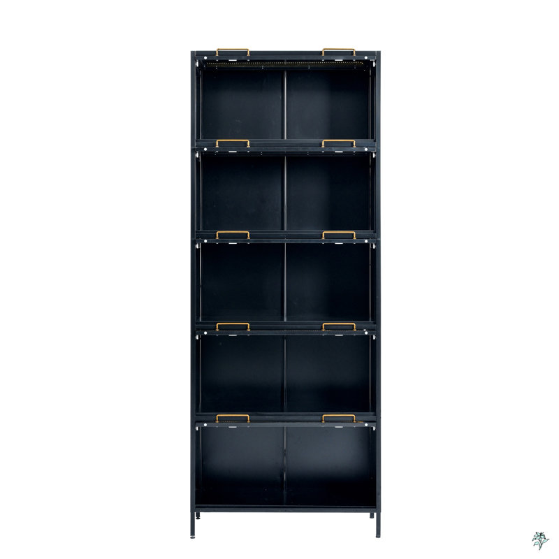 Iron Display Cabinet With Glass Doors, 5-Tier Steel Barister Bookcase With LED Lights