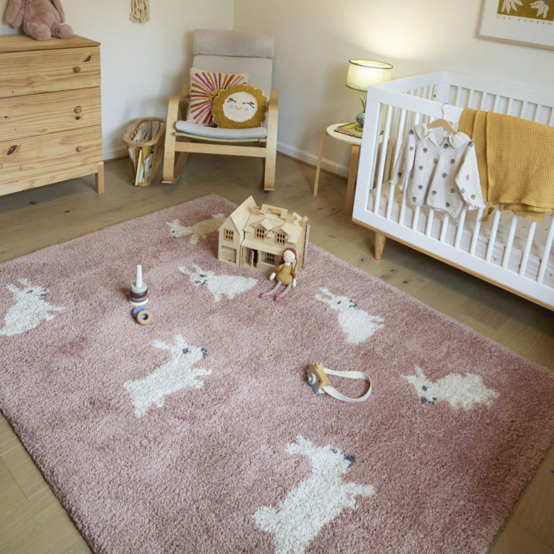 Arley Pink and White Bunny Pattern Synthetic Kids Rug