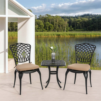 Ensemble bistro 3 pièces de mobilier de patio en fonte d'aluminium antirouille 2 chaises et 1 table d'extérieur, jardin, patio, balcon, avec coussin