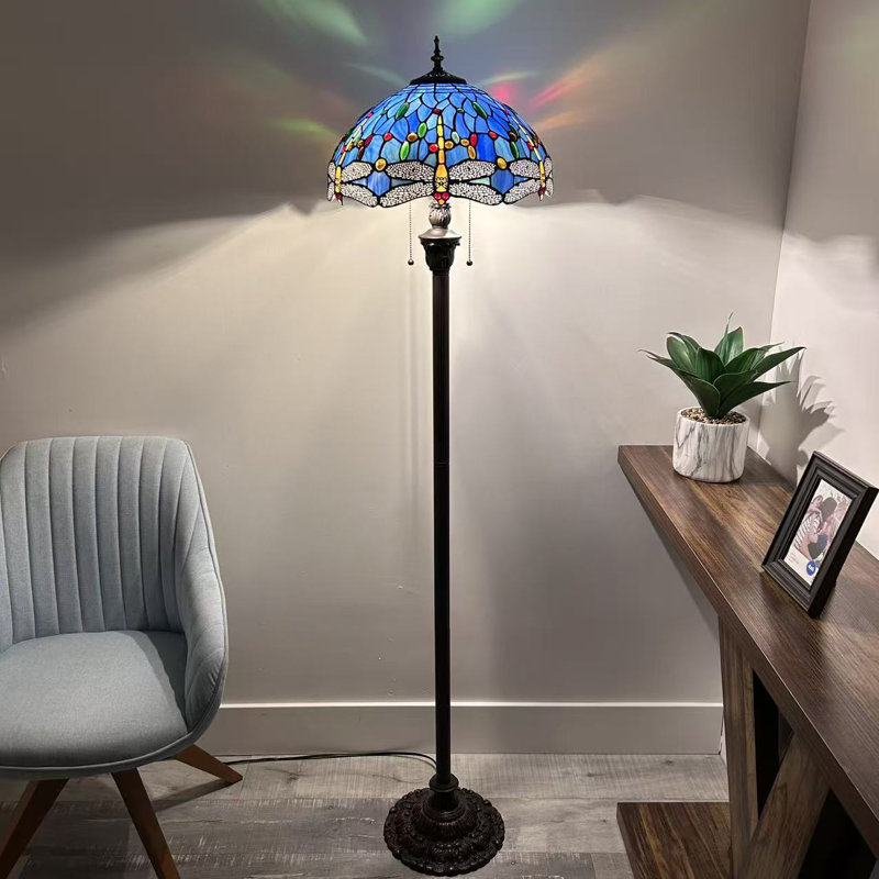 Aanshi Tiffany Floor Lamp Stained Glass Dragonfly Metal Base LED Bulbs Included 16'W*16"D*64" H, Blue/Yellow