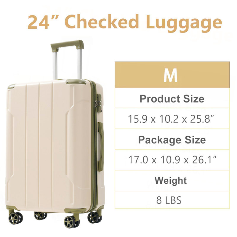 Bagages rigides, valises en ABS léger et durable avec roues doubles, bagages de voyage extensibles à carreaux de 24 pouces