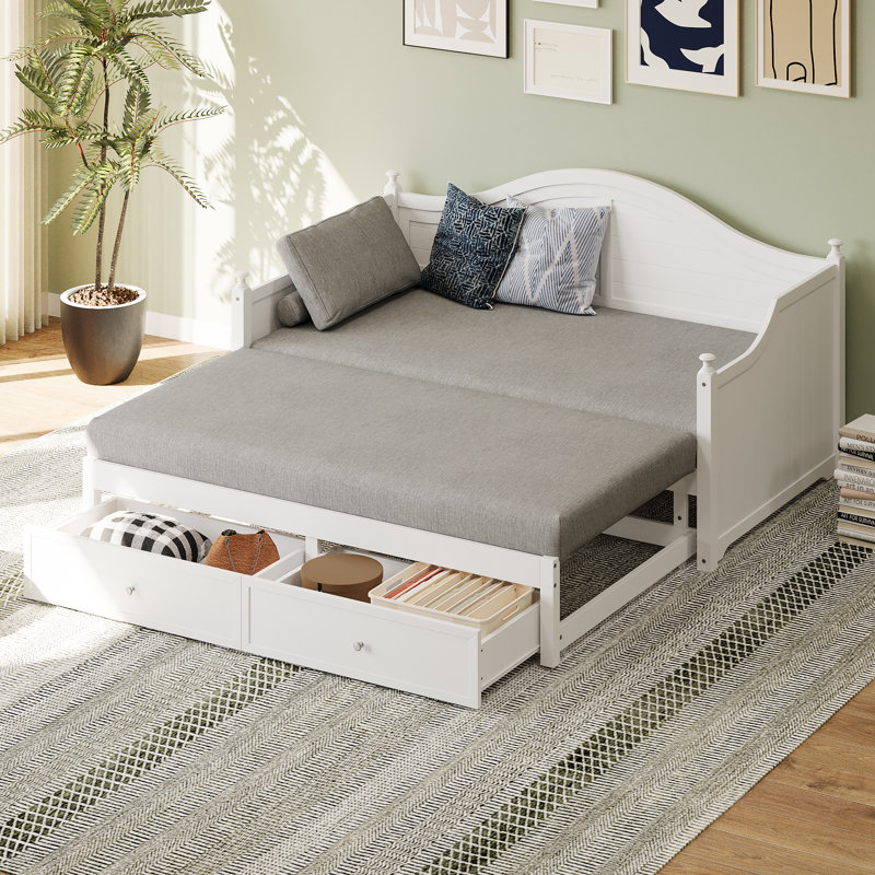 Lit de jour de style chalet avec couchette escamotable et tiroirs de rangement, Blanc